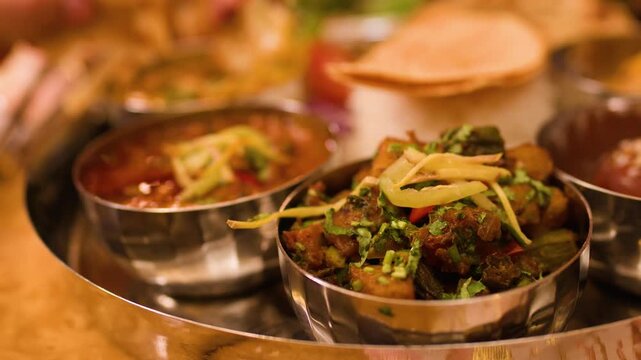 Close Up of Traditional Indian Thali with Curry and Naan