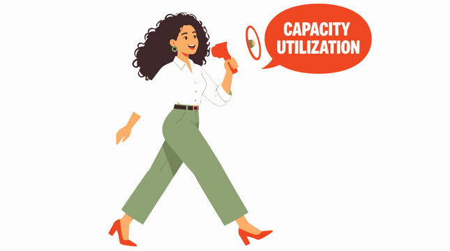 Confident woman walking with capacity utilization sign.