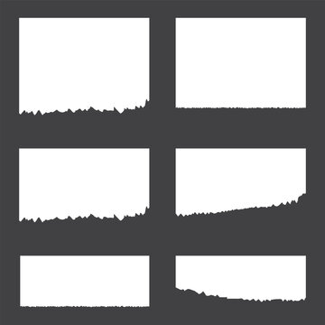 Realistic vector collection of white torn paper sheets and ripped notebook page strips with rough textured edges isolated on a flat grey background.