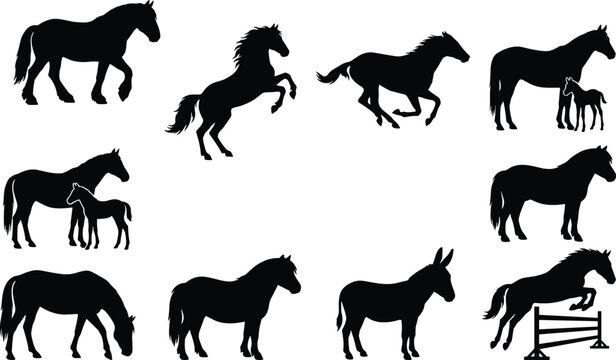 Horses and foals black silhouettes vector collection featuring mare with foal jumping rearing galloping pony and donkey icons