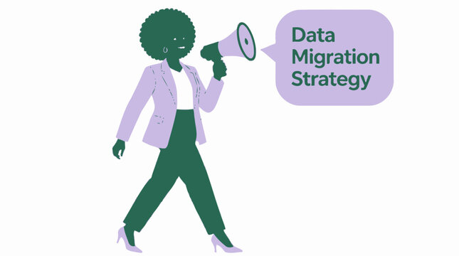 Illustration of person announcing data migration strategy.