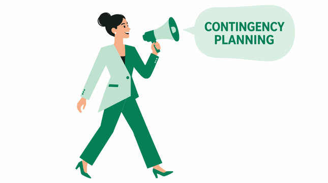 Businesswoman holding megaphone for contingency planning announcement.