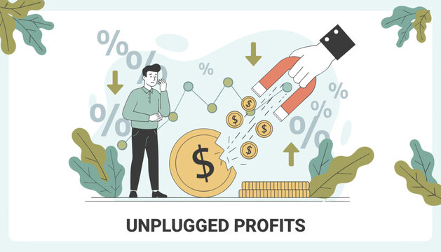 Worried businessman looking at a broken dollar coin while a giant magnet attracts money and unplugged profits.