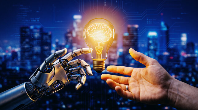 Robot hand offering a glowing light bulb with a brain inside to a human hand, symbolizing artificial intelligence and innovation.