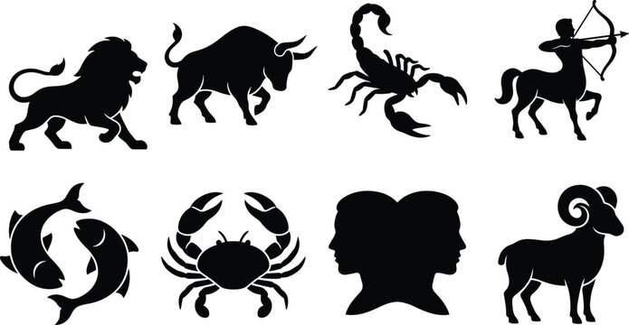 Set of black zodiac sign silhouette icons isolated on white background for astrology horoscope and tattoo design