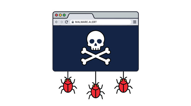 Malware alert browser window with software bugs and skull icon in flat vector style for cybersecurity education