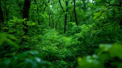 Fototapeta premium Lush Green Forest Scene with Dense Foliage and Vibrant Nature, Perfect for Outdoor and Environmental Themes, Capturing Serenity and Biodiversity