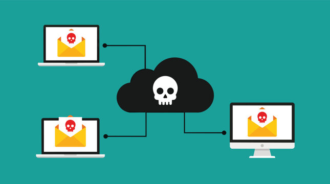 Malware cloud infection spreading to connected devices in minimalist flat vector style for cybersecurity awareness training