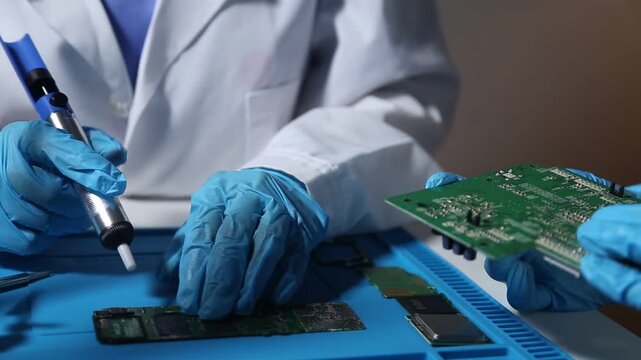 Technician assembling and testing an electronic circuit board in a high tech laboratory, representing semiconductor engineering, electronics manufacturing, precision technology and hardware developmen