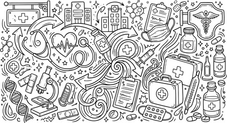Obraz premium Medical and healthcare doodle illustration with pharmaceutical and laboratory icons healthcare hospital medicine pharmacy laboratory treatment wellness clinical diagnosis emergency