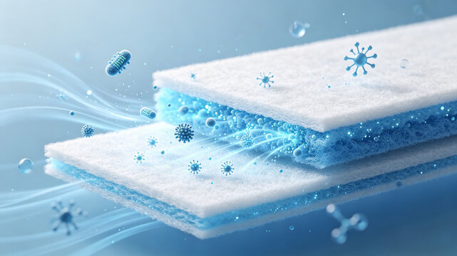 Photocatalytic Filter Cotton Close-Up with Nano Titanium Dioxide Coating, High-Tech Air Purification Material Concept