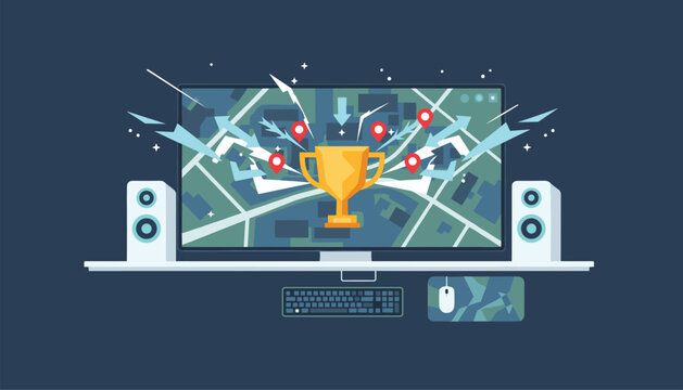 Gamer workstation setup with a large display monitor showing a virtual city map and a golden victory trophy on screen.