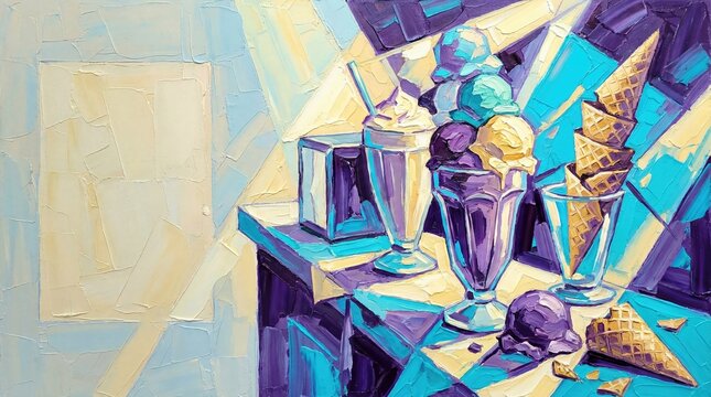 Oil painting of scoops of ice cream in glass cup with wafer cone and milkshake on table. Still life artwork featuring summer dessert. Sweet food concept for cafe or restaurant menu.