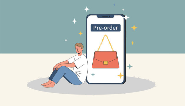 Young man sitting on the floor and leaning against a giant smartphone showing a premium handbag pre-order advertisement.