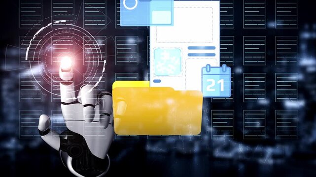 Futuristic Concept of Digital Interface with Robotic Hand Interacting with Technology and Data on a Dark Background. Entropy.