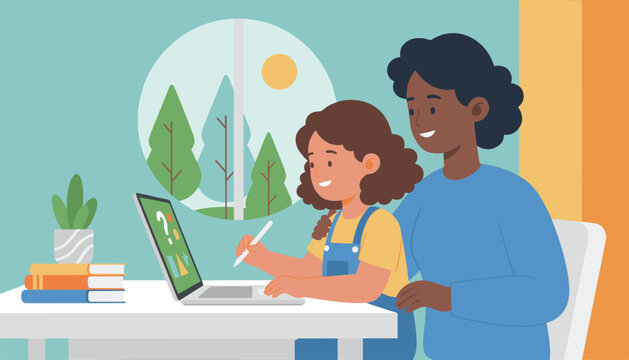 Mother or online tutor supporting a young girl during her digital learning session with a laptop and stylus at home.