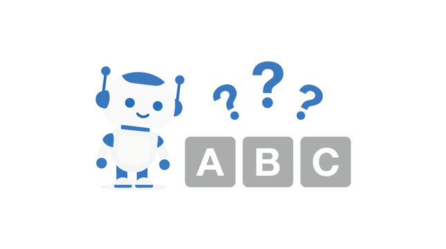 Ai robot exploring alphabet blocks with question marks in minimalist flat vector for machine learning education