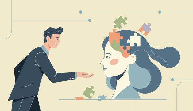 Therapist or partner helping a woman organize her thoughts and resolve personal problems, shown with puzzle pieces.