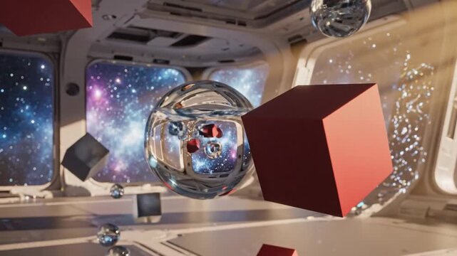 Abstract geometric shapes float in futuristic spacecraft against starry galaxy