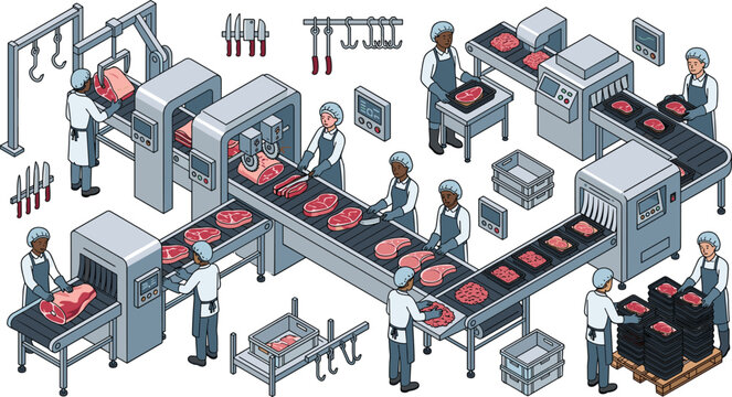 Meat processing factory production line vector illustration with workers slicing packaging beef steaks on automated conveyor belts