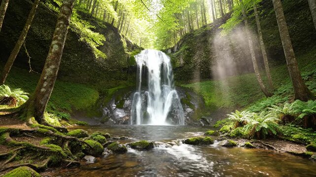 Waterfall cascades down a lush mossy rock face surrounded by a dense temperate forest with soft morning light filtering through.