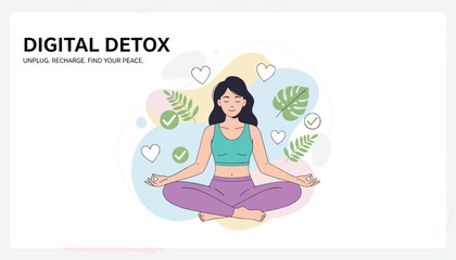 Obraz premium Digital detox banner showing a relaxed woman practicing yoga and meditation to unplug, recharge, and find her inner peace.