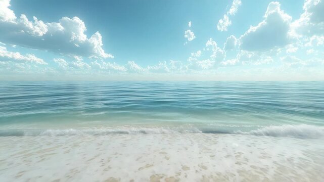 A tranquil beach scene with gentle waves lapping the shore under a bright, cloud-filled sky