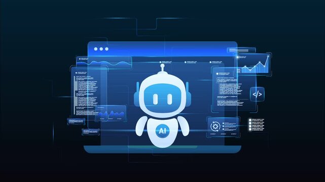 Futuristic AI workflow automation dashboard with ai agent assistant, coding panels and data analytics dashboard, looped animation
