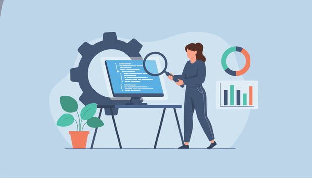 Female developer using magnifying glass to inspect programming code on computer monitor for software quality assurance.