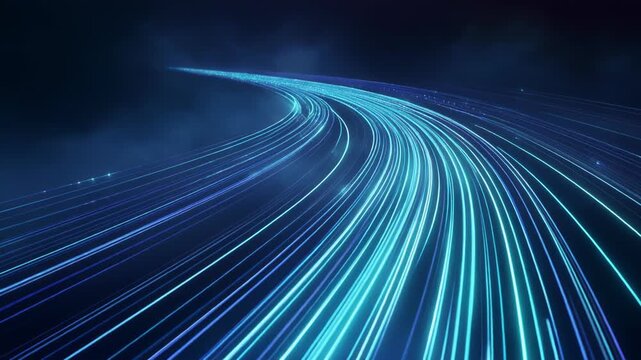 Futuristic blue neon light trails on dark background, abstract technology concept, glowing lines, speed, innovation, motion blur, digital wallpaper, cyberpunk aesthetic, high-tech