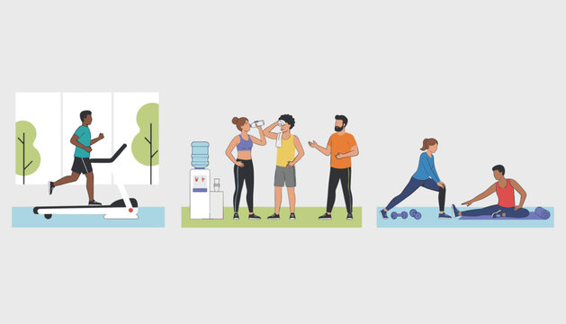 Fitness and wellness routines showing active people running on treadmill drinking water and stretching in gym.