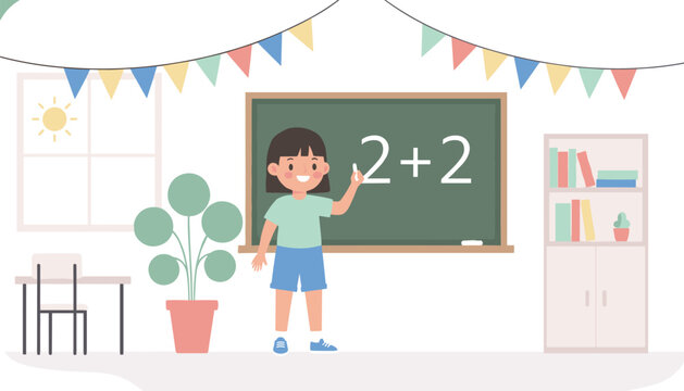 Young schoolgirl writing math equation on blackboard during elementary school class in cozy clean classroom.