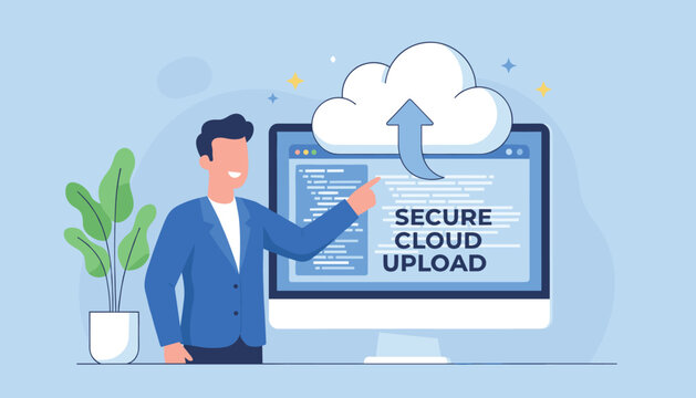 Cloud engineer pointing to computer monitor displaying secure cloud upload screen for secure database backup and hosting.