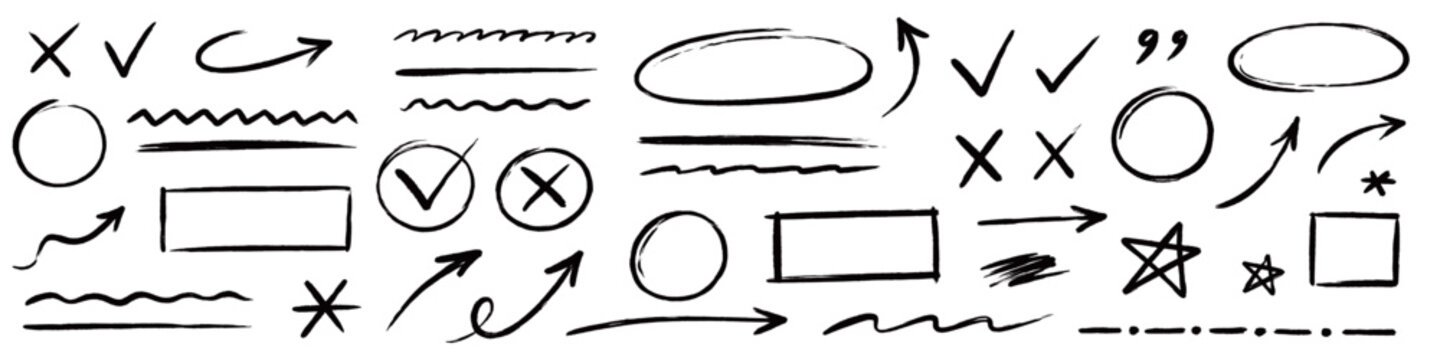 Arrow hand drawn line set. Hand drawn arrow line mark underline check brush doodle sketch highlight. Chalk marker scribble circle curve tick sign grunge blackboard background. Vector illustration