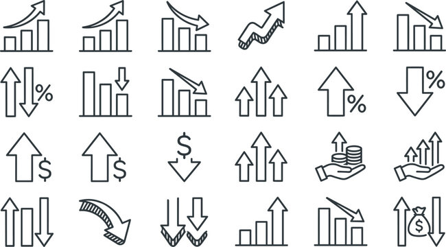 Financial arrow growth and loss icon set featuring vector line art charts for business analytics stock trends and percentage data indicators
