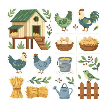 Farm animals and accessories illustration set.