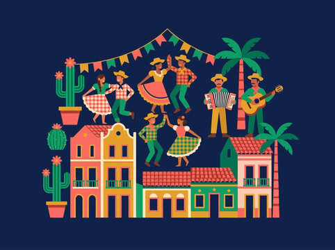 Vibrant Brazilian Festa Junina Illustration with Dancers and Musicians