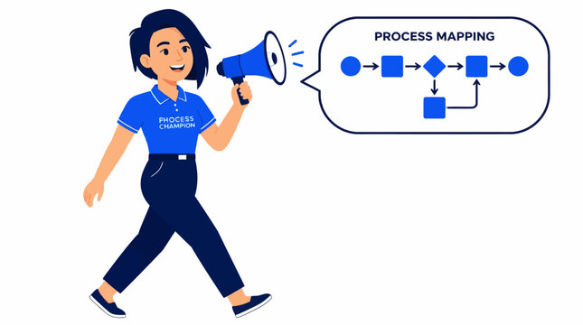Woman holding megaphone with process mapping diagram.
