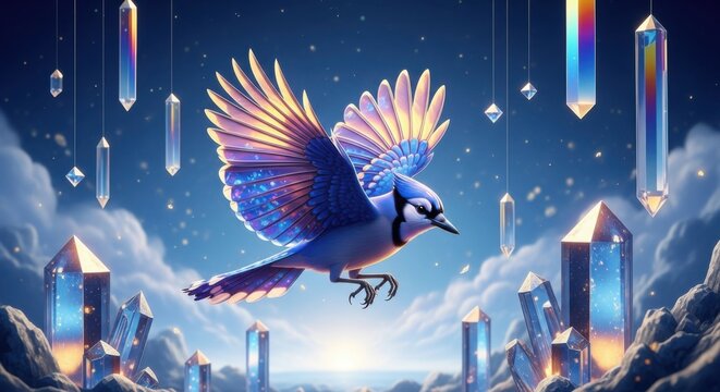 Vibrant blue jay, crystal formations, mystical landscape, colorful illustration