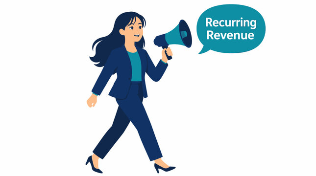 Businesswoman holding megaphone for recurring revenue announcement.