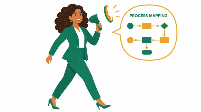 Confident businesswoman with megaphone and process mapping diagram.