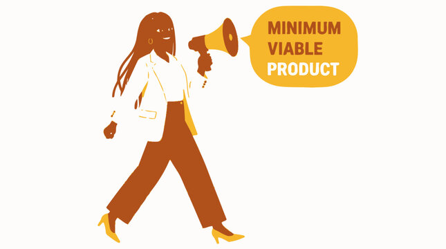 Woman holding megaphone promoting minimum viable product concept.