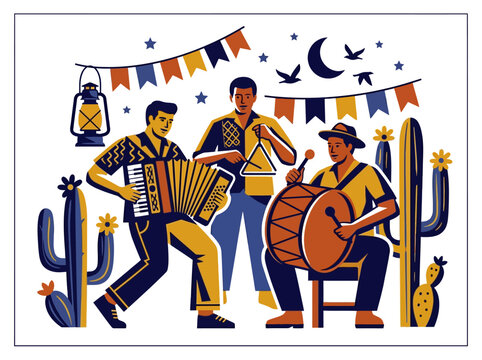 Traditional Brazilian Forr&oacute; Band Illustration with Accordion Triangle and Drum