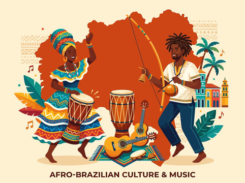 Afro-Brazilian Culture and Music Illustration with Musicians and Traditional Instruments