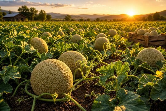 A sunlit field is filled with ripe melons on twisting vines.