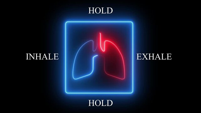 Neon lungs icon with breathing cycle timeline showing inhale, hold, exhale, and hold stages.