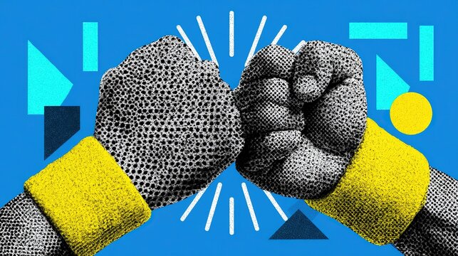 Bold pop art illustration with vivid blue background, two colliding fists for fist bump gesture, black and white halftone stylized hands, bright yellow wrist cuffs, white radial highlight lines and su