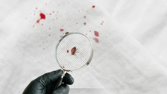 Macro View of Bed Bug Observed Through Magnifying Glass Held by Gloved Hand Over Stained Bed Sheet for Scientific Entomology Research, Public Health Inspection, and Professional Pest Control Diagnosis
