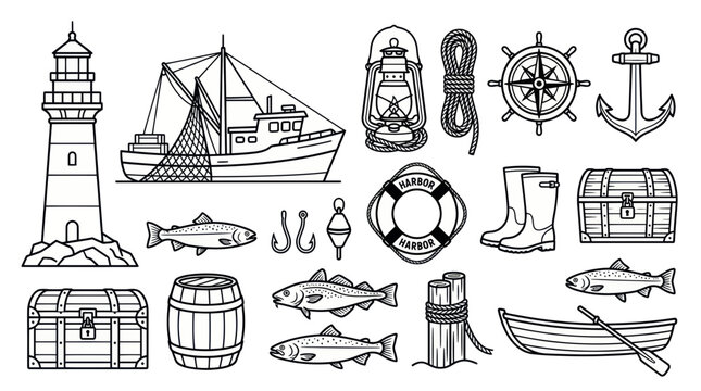 Nautical Vector Icons: Lighthouse, Ship, Anchor, Compass, Fishing Gear, and More