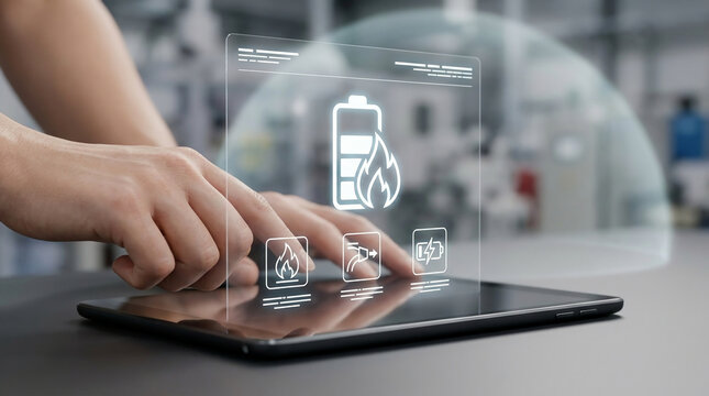 Engineer using a tablet to monitor battery safety with a holographic interface showing fire risks and thermal runaway management in an industrial lab.